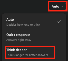 A dialog box showing the options in Copilot: Auto, Quick response and Think deeper.